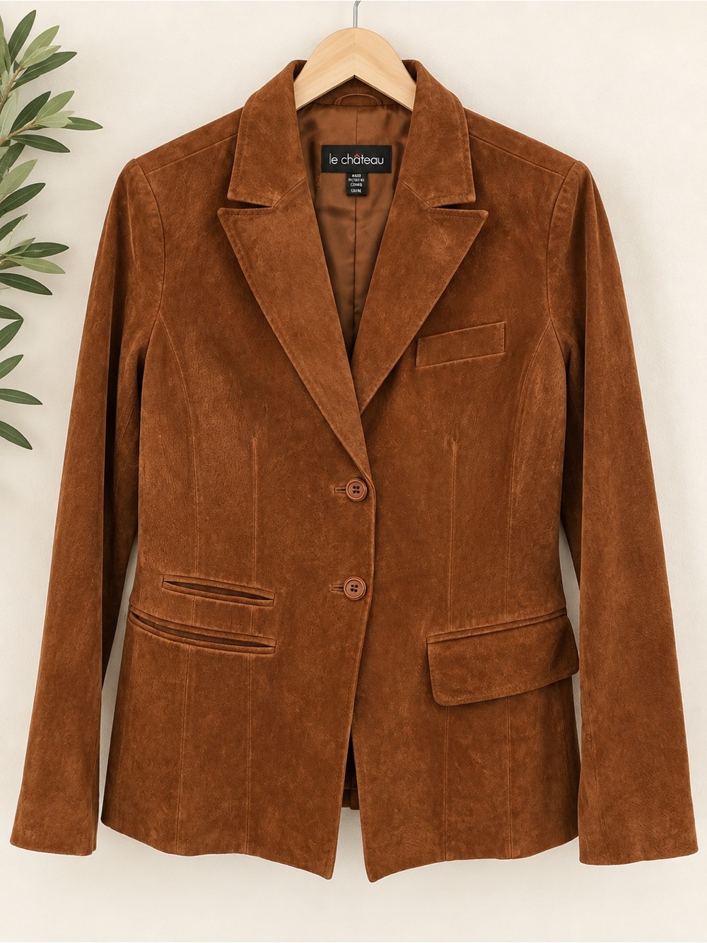 Le Château 100% Suede Leather Blazer Brown Tailored Jacket XL Vintage Style